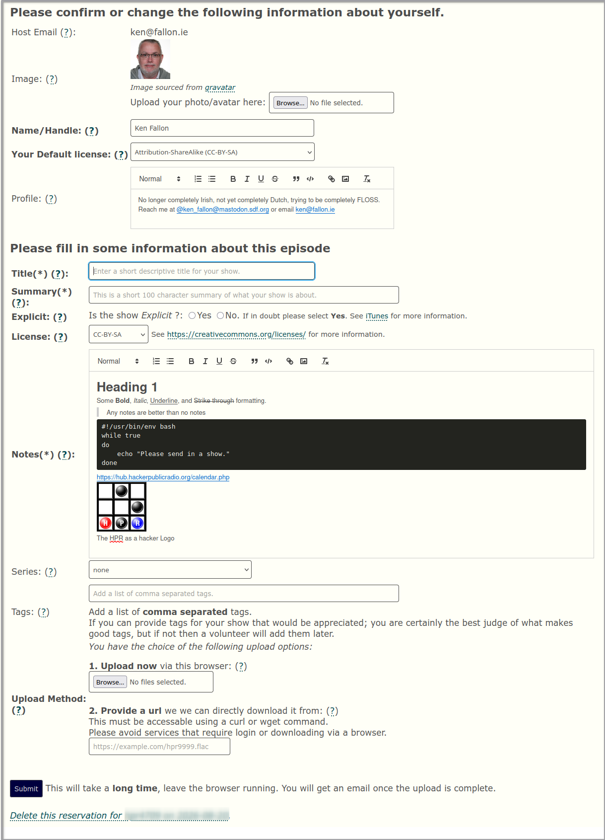 The upload form