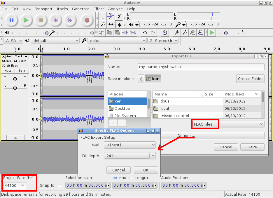 Audacity Screenshot of an Export Audacity Export Settings