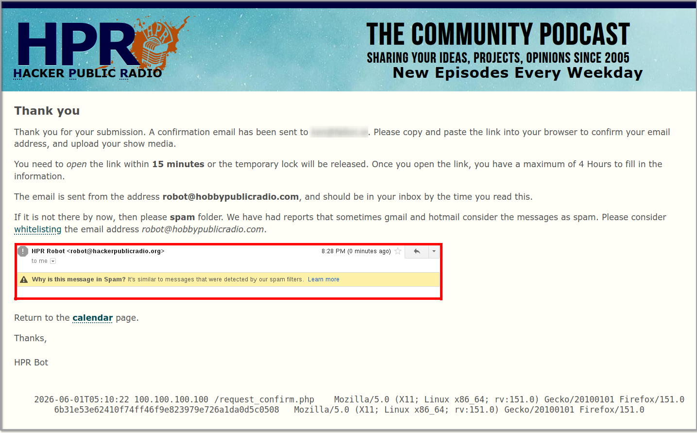 The email containing the confirmation